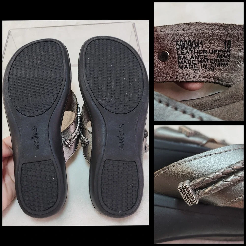 Minnetonka Silverthorne 360 Pewter Leather Boho Sandals Womens 10 Comfort Thong
